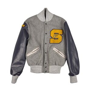 Y2K Rennoc Varsity Letterman Jacket Men's S Gray Wool Leather Vintage 90s 00s